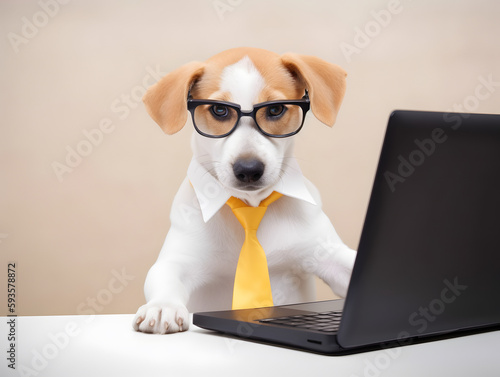 Cute puppy with glasses in office. Concept of pet officer, business or office hours. © ZayWin