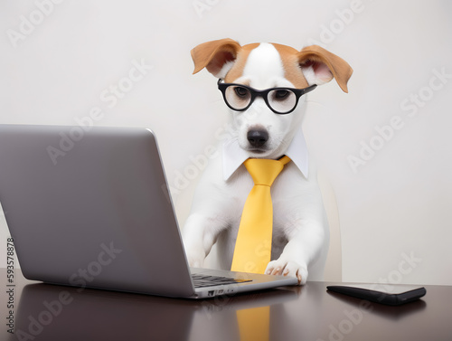 Cute puppy with glasses in office. Concept of pet officer, business or office hours. © ZayWin