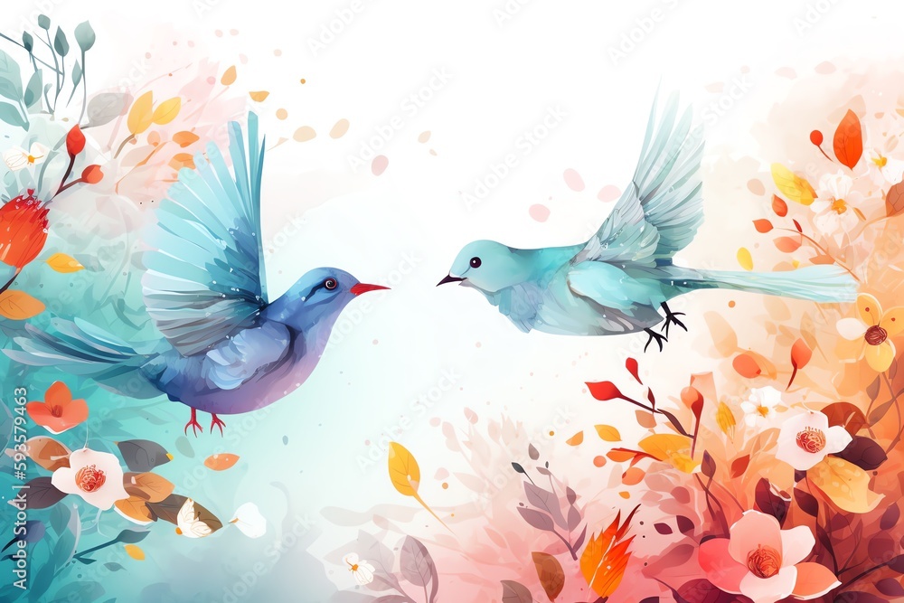 Colorful spring background with flowers and birds. Generative AI