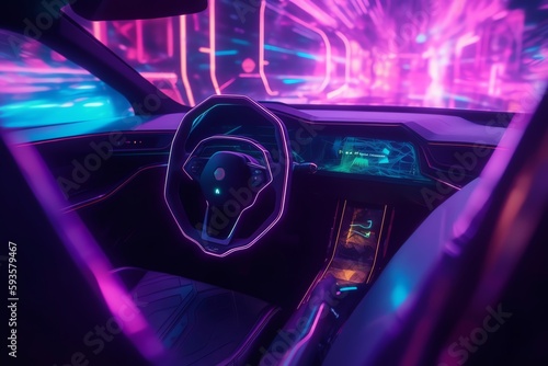 Driving in futuristic car with purple neon colors. Generative AI