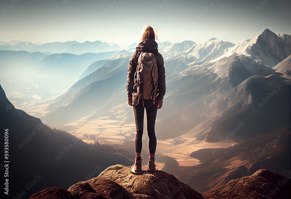 Active hiker standing on mountain top looking at scenic landscape. Adventure concept. Generative AI