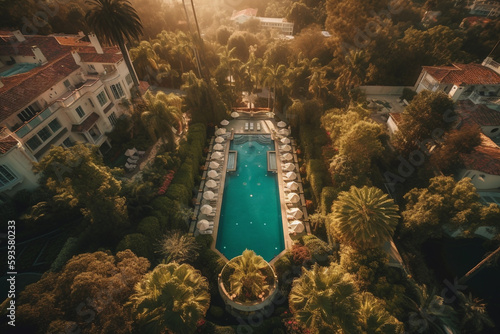 A stunning aerial image of a luxurious summer pool in the heart of Beverly Hills, California - ai generative