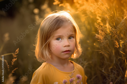 A captivating close - up portrait of a young child, captured in a moment of innocence and wonder. The child is outdoors, surrounded by tall grass and wildflowers