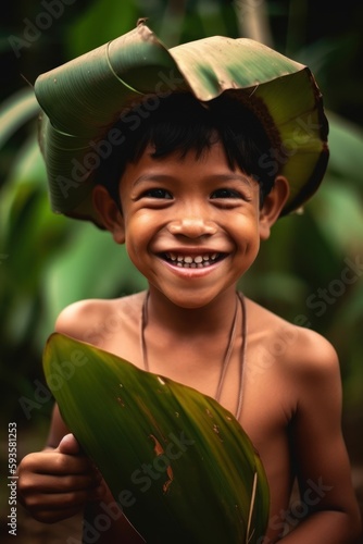 Authentic Amazonian Joy: Indigenous Little Girls and Boys with Banana Leaves, indigenas crianças ribieirinhos do amazonas, GENERATIVE AI photo