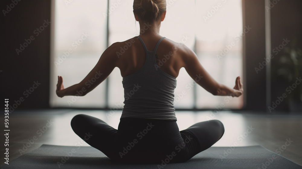 Closeup Photography from the Back of a Woman Sitting on a Yoga Mat Meditating, achieving Inner Peace and Sound Mental Health. With Licensed Generative AI Technology Assistance.