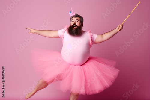 Fototapete Funny man with big belly in fairy ballerina dress. Generative ai.