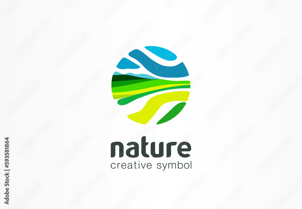 Nature creative symbol. Field bio plantation, eco green farm concept. Earth, health care abstract business logo. Fresh organic food, agriculture circle icon. Company logotype, brand, graphic design