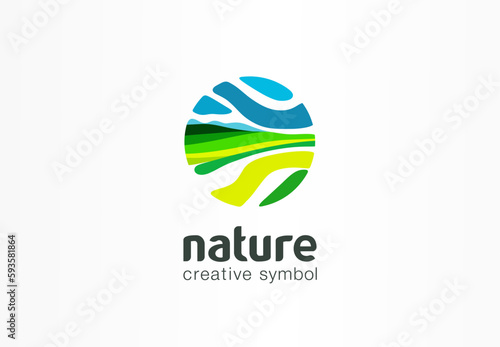 Nature creative symbol. Field bio plantation, eco green farm concept. Earth, health care abstract business logo. Fresh organic food, agriculture circle icon. Company logotype, brand, graphic design