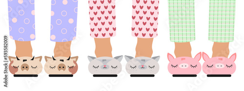 Children's feet in funny slippers. A set of children's feet in slippers with animals. Pajama party, kids holiday.Vector illustration isolated on white background.