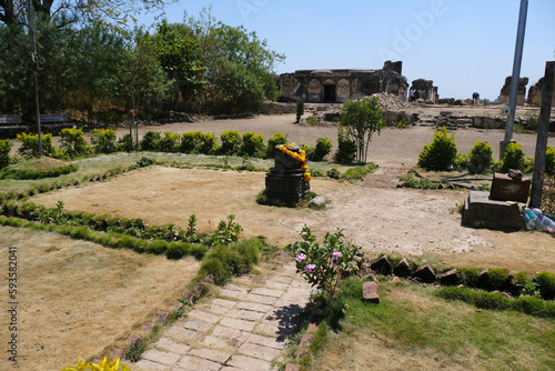 2 April 2023, Pedgaon, Maharashtra, India, Bahadur Fort, There is a 2 storied palace of Aurangzeb inside the fort. This Fort renamed as Dharmaveergad in memory of Shri Chhatrapati Sambhaji Raje. 
