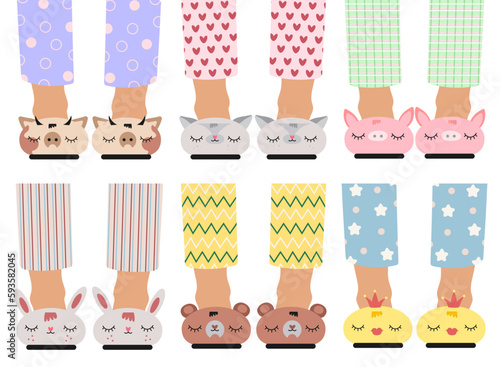 Children's feet in funny slippers. A set of children's feet in slippers with animals. Pajama party, kids holiday.Vector illustration isolated on white background.