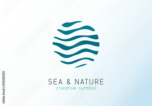 Logotype idea. Water wave, blue sea circle concept. Abstract logo for business company. Cosmetic brand design element. Eco ocean, nature, swimming pool, spa, aqua swirl Colorful Vector line icon