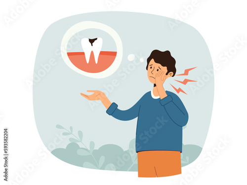 Concept of oral health, dental problem. Man holding her cheek with hand palm. Suffering from toothache. Decayed tooth cause of oral disease. Isolated vector illustration.