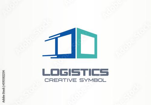 Logistics service creative symbol. Fast speed moving box logo template. Express delivery abstract icon. Distribution, cargo shipping concept. Business company 3d cube design element. Vector line