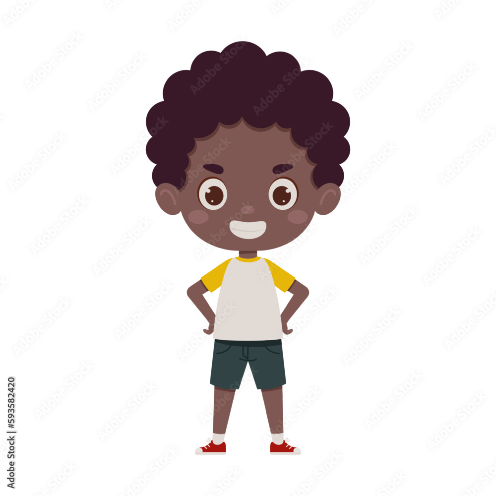 Cute little kid happy african boy smile. Cartoon schoolboy character show facial expression. Vector illustration Cute little kid happy african boy smile. Cartoon schoolboy character show facial expression. Vector illustration