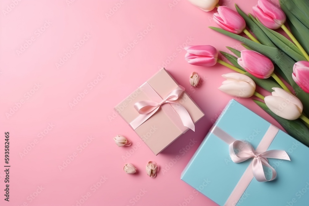Birthday, valentines, wedding, mothers day. Tulips, present box. Festive. Copy space. Top view concept. Pink and blue. 