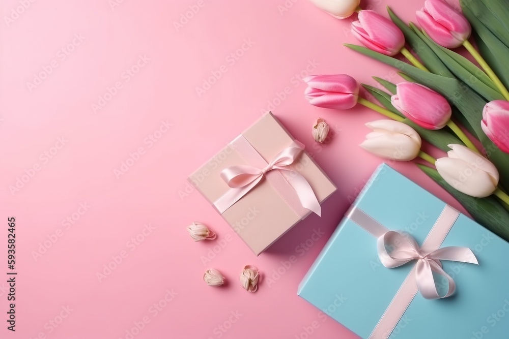 Birthday, valentines, wedding, mothers day. Tulips, present box. Festive. Copy space. Top view concept. Pink and blue. Birthday, valentines, wedding, mothers day. Tulips, present box. Festive. Copy space. Top view concept. Pink and blue.
