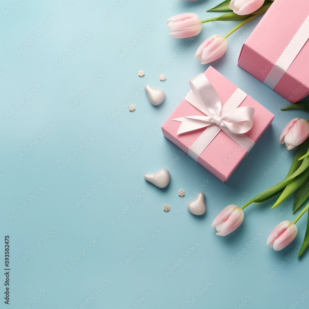 Birthday, valentines, wedding, mothers day. Tulips, present box. Festive. Copy space. Top view concept. Pink and blue. Birthday, valentines, wedding, mothers day. Tulips, present box. Festive. Copy space. Top view concept. Pink and blue.
