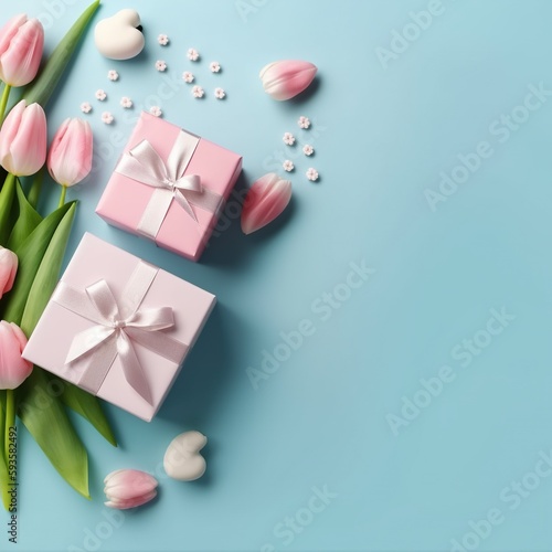Birthday, valentines, wedding, mothers day. Tulips, present box. Festive. Copy space. Top view concept. Pink and blue.  © colacino.art