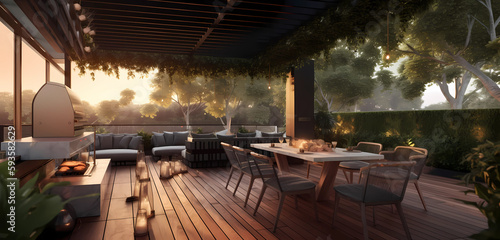 Illustration of wooden terrace with grill, cozy summer atmosphere, created with Generative AI technology.