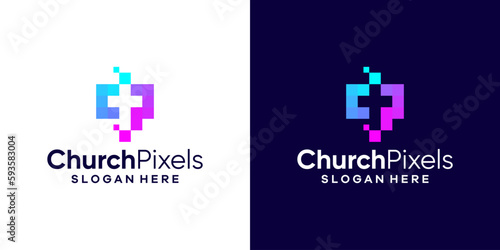 Jesus Christ Cross logo design with digital pixel graphic design vector illustration. Symbol, icon, creative.