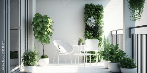 Modern balcony sitting area decorated with green plant and white wall. superlative generative AI image. photo