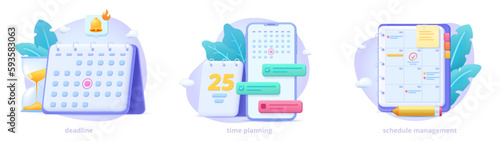 Set of shopping vector 3d illustrations: schedule and task management, time planning, calendar application with floral elements. Three dimensional icons for web site, landing page, banner. 