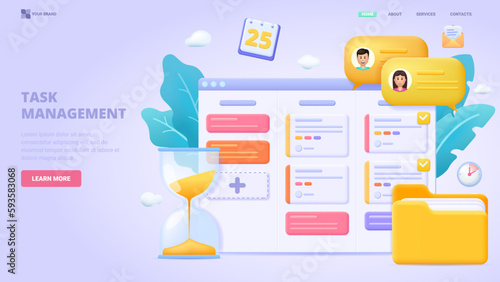 Project management, task management application, list of tasks online, successful business plan tasks. Flat design concept for landing page. Vector illustration with tiny characters.