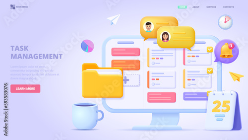Project management, task management application, list of tasks online, successful business plan tasks. Flat design concept for landing page. Vector illustration with tiny characters.