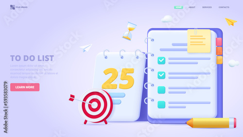 To do list application, list of tasks online, to do reminder app, checklist, successful business plan tasks. 3d design concept for landing page. Three dimensional vector illustration.