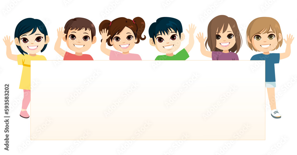 Vector illustration of kids boys and girls holding empty blank board waving hands. Smiling diverse children with placard Vector illustration of kids boys and girls holding empty blank board waving hands. Smiling diverse children with placard