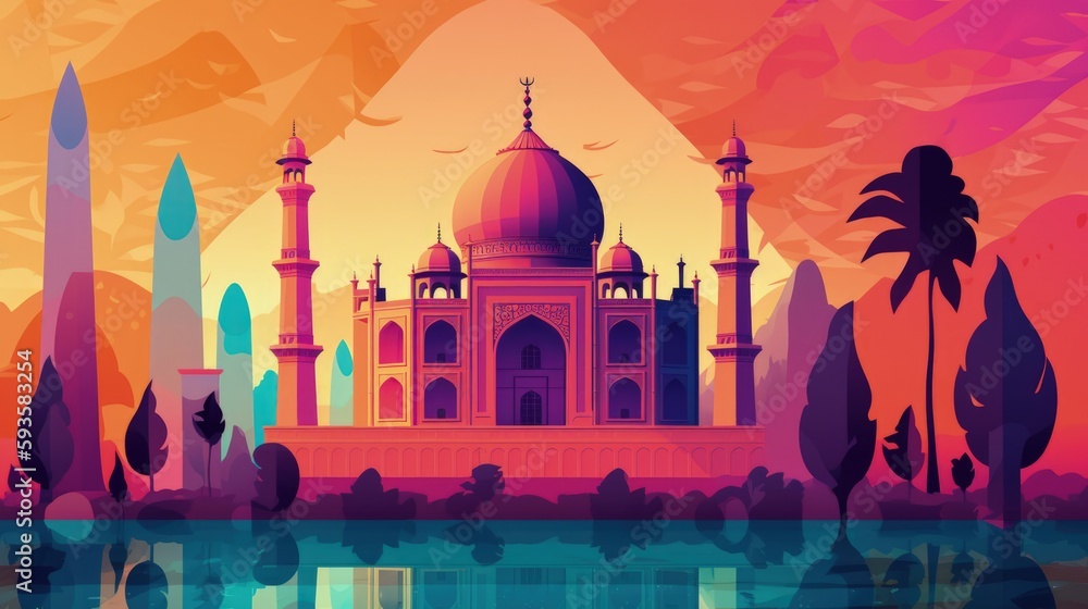 Illustration of Taj Mahal in India, Generative AI