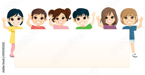 Vector illustration of kids boys and girls holding empty blank board waving hands. Smiling diverse children with placard