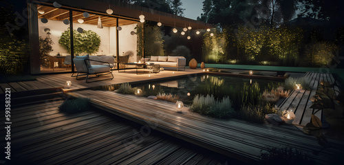 Illustration of wooden terrace with swimming pool, cozy summer atmosphere, created with Generative AI technology. © Halfpoint