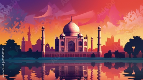 Illustration of Taj Mahal in India, Generative AI