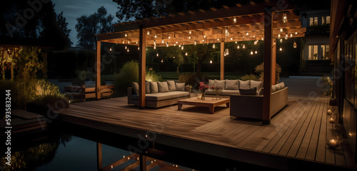 Illustration of wooden terrace with swimming pool, cozy summer atmosphere, created with Generative AI technology. photo