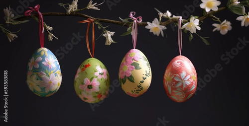 Colorful easter eggs hanging from cherry tree. Concept and idea of happy easter day.