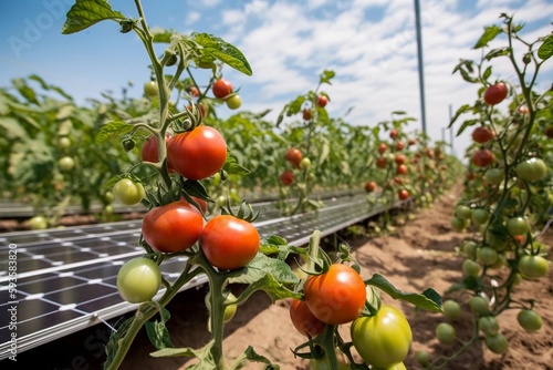 Close up of tomatoes growing on farm with solar panels, created with Generative AI technology.
