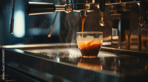 Espresso machine pours fresh black coffee closeup ai generative 