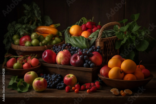 Various fresh fruits in the basket on the wood table, Generative AI