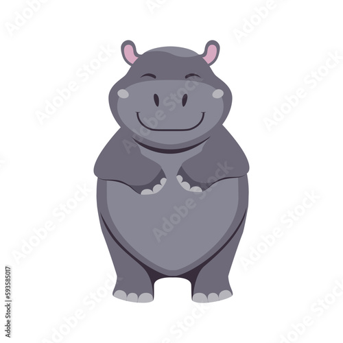 Hippo. Drawing of a cartoon large land animal. Vector flat drawing of hippo on white background. Used for collage in web design  print on fabric  stickers.