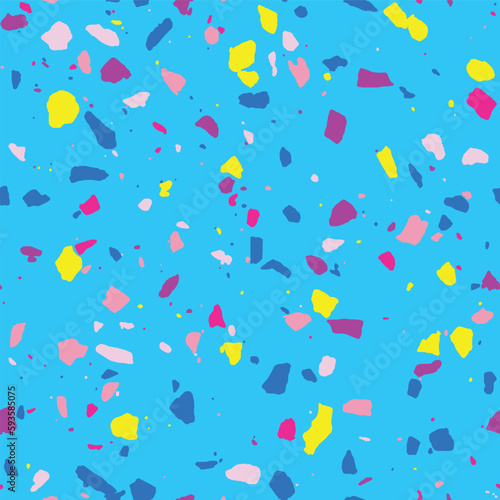 Seamless vector colorful terrazzo bright blue yellow pink textile wallpaper packaging wrapping