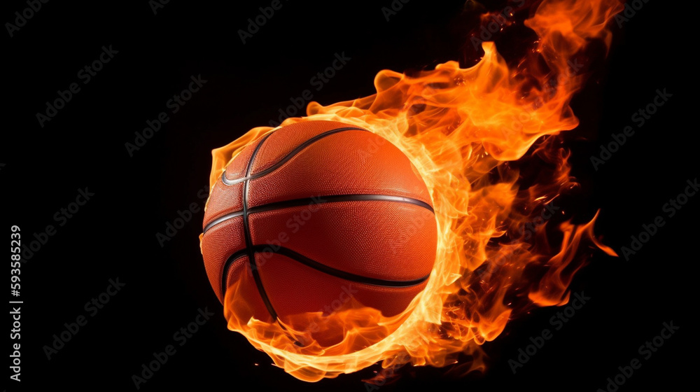 basketball ball in fire on dark background ai generative