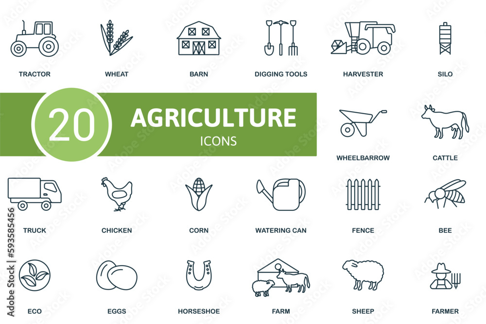 Agriculture set. Creative icons: tractor, wheat, barn, digging tools, harvester, silo, wheelbarrow, cattle, truck, chicken, corn, watering can, fence, bee, eco, eggs, horseshoe, farm, sheep, farmer.