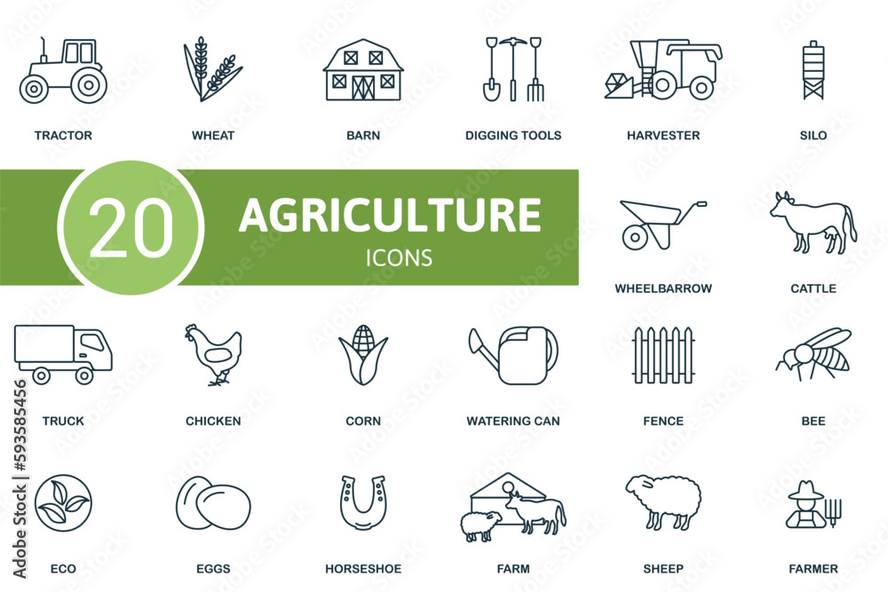 Agriculture set. Creative icons: tractor, wheat, barn, digging tools, harvester, silo, wheelbarrow, cattle, truck, chicken, corn, watering can, fence, bee, eco, eggs, horseshoe, farm, sheep, farmer. Agriculture set. Creative icons: tractor, wheat, barn, digging tools, harvester, silo, wheelbarrow, cattle, truck, chicken, corn, watering can, fence, bee, eco, eggs, horseshoe, farm, sheep, farmer.
