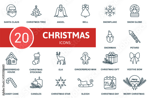 Christmas set. Creative icons: santa claus, christmas tree, angel, bell, snowflake, snow globe, snowman, petard, gingerbread house, christmas stocking, elk, gingerbread man, christmas gift, festive