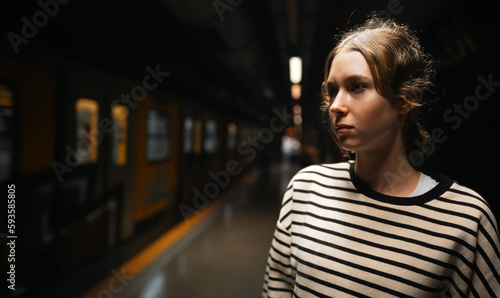 Teenage girl waiting for train in subway.