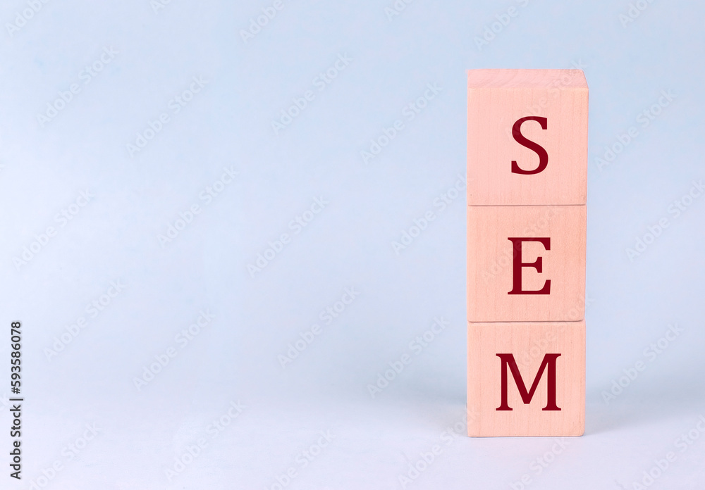 SEM on wooden cubes on a blue background SEM on wooden cubes on a blue background