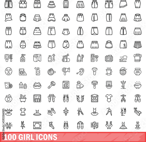 100 girl icons set. Outline illustration of 100 girl icons vector set isolated on white background