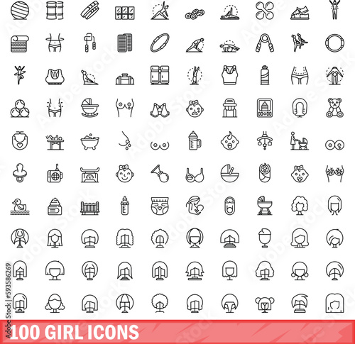 100 girl icons set. Outline illustration of 100 girl icons vector set isolated on white background